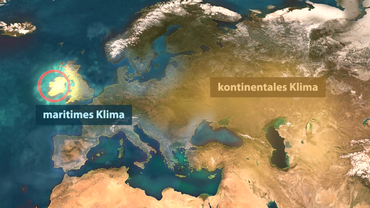 Karte von Europa mit den Klimazonen: maritimes Klima in der Nähe von Irland und kontinentales Klima in Osteuropa.