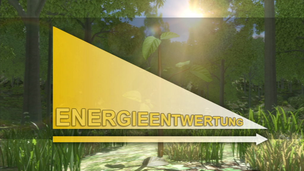 Grafik zur Energieentwertung mit gelbem Dreieck und dem Text 'ENERGIEENTWERTUNG' vor einer Waldlandschaft.
