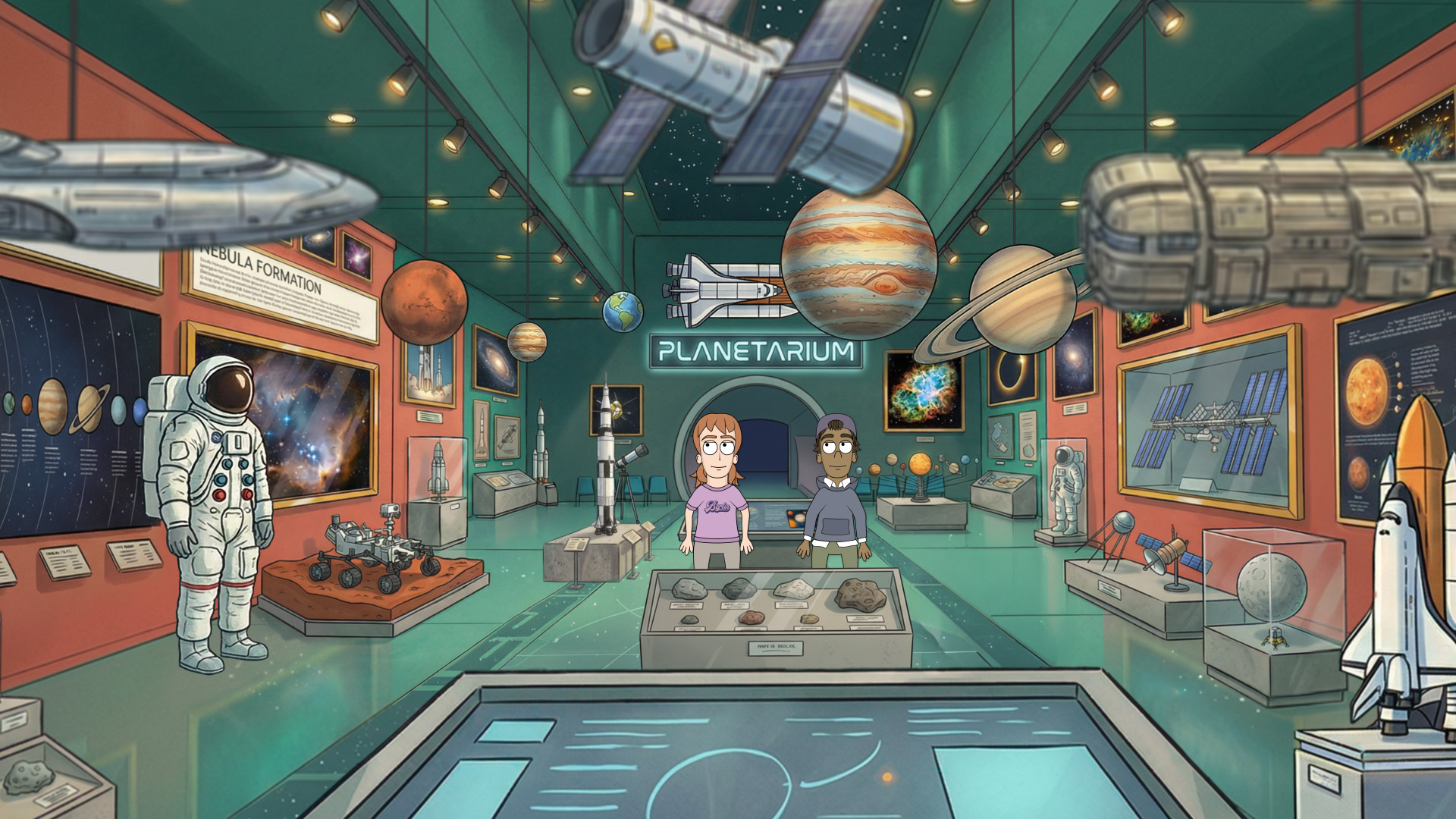 Planetariumsraum mit Modellen von Planeten, Raumfahrzeugen, Astronautenanzügen und zwei animierte Personen – Clara und Troy – , die eine Vitrine mit Meteoriten betrachten