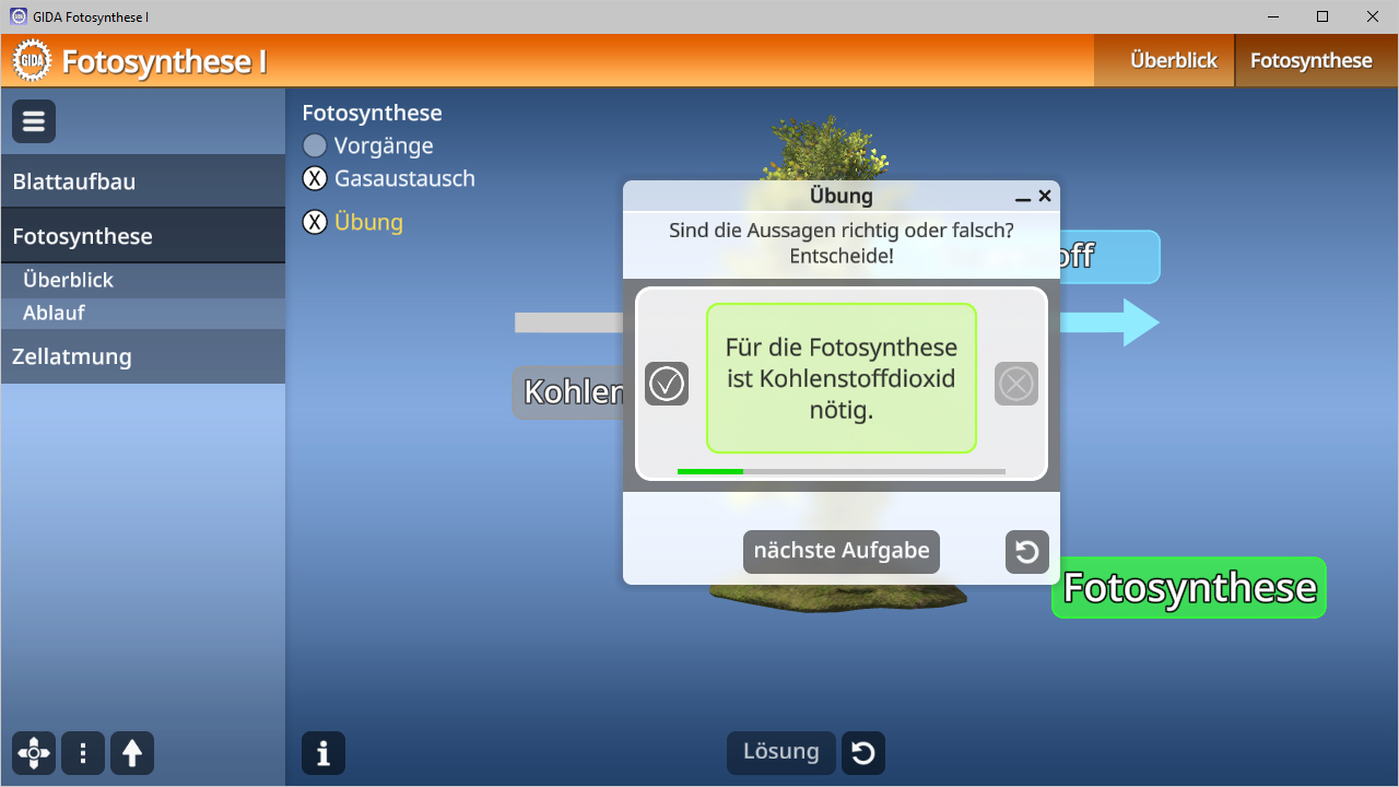 Interaktive Lernanwendung zur Fotosynthese mit Fragen zur Rolle von Kohlendioxid.
