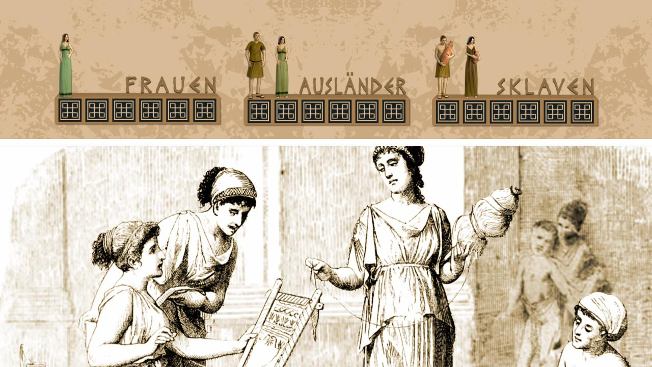 Illustration, die Frauen, Ausländer und Sklaven in der antiken Gesellschaft darstellt, mit einer Szene von Frauen, die mit einem Webstuhl und einem Krug arbeiten.