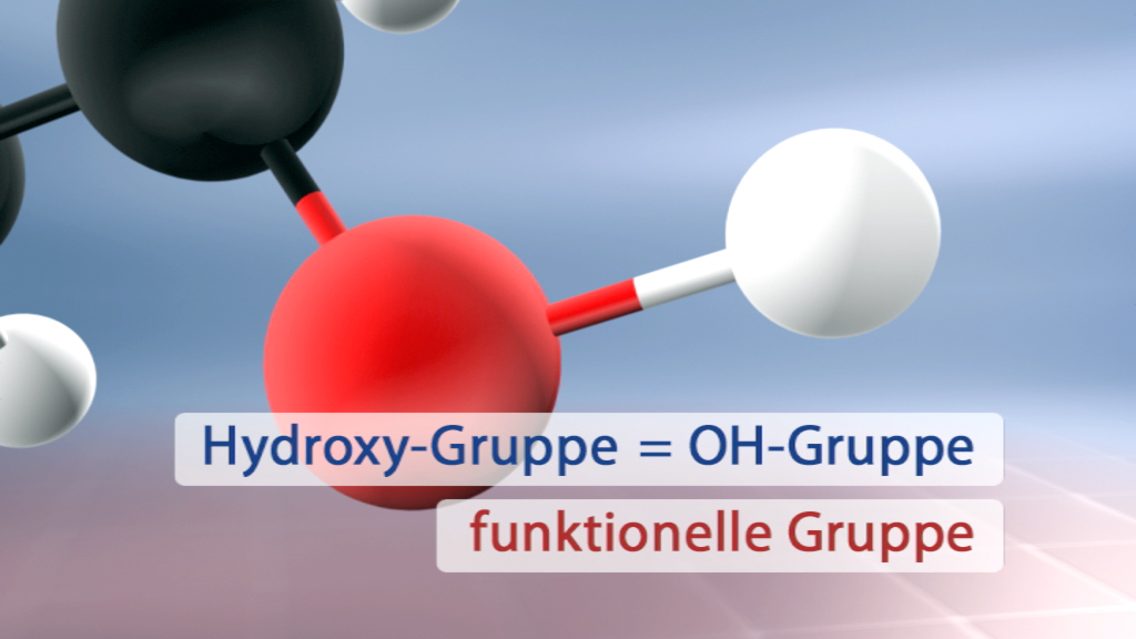 Molekülstruktur mit einer roten Hydroxy-Gruppe (OH-Gruppe) und Beschriftung, die die funktionelle Gruppe erklärt.