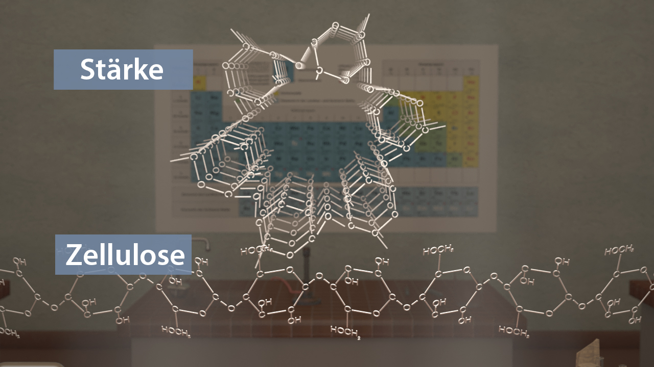 Molekülstruktur von Stärke und Zellulose, dargestellt in 3D mit chemischen Formeln.