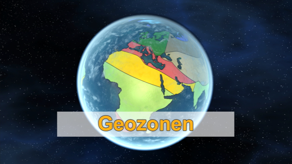 Eine grafische Darstellung der Geozonen auf einer Erde-ähnlichen Kugel, mit verschiedenen farbigen Zonen über Afrika und dem Nahen Osten.