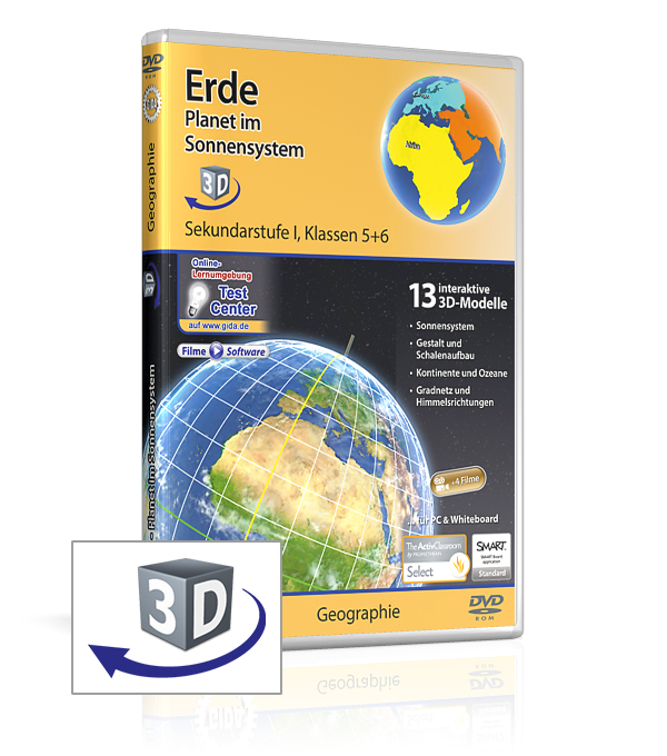 Erde - Planet im Sonnensystem DVD-Cover für 'Erde: Planet im Sonnensystem' mit 3D-Modellen für den Geographieunterricht, geeignet für Klassen 5-6.