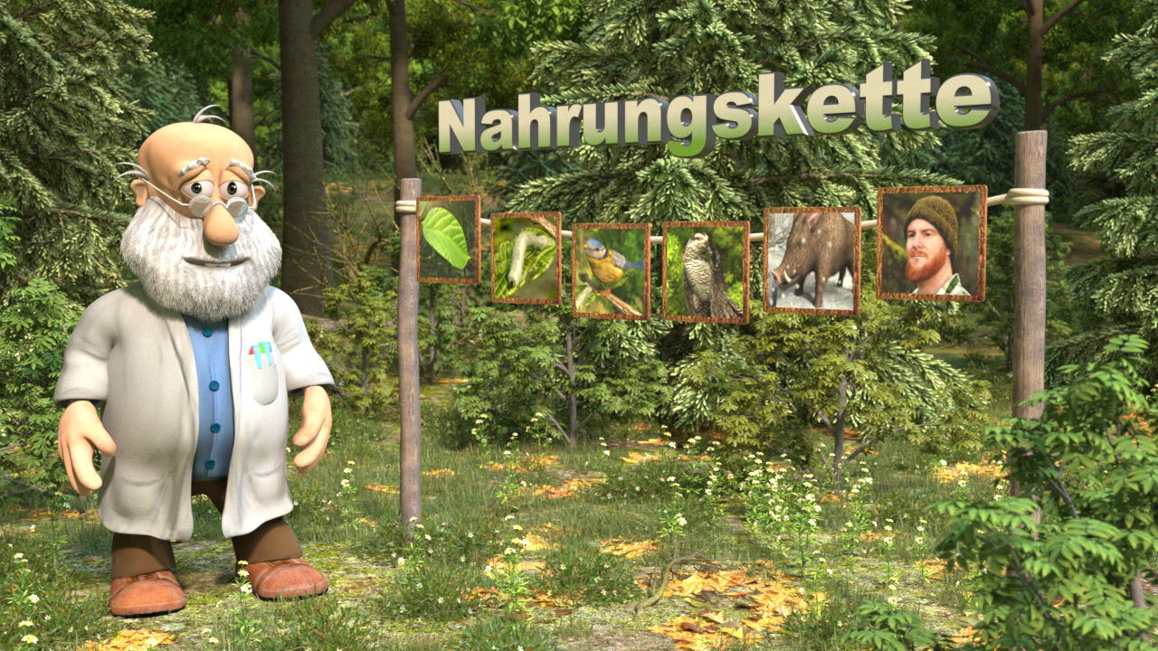 Ein animierter Wissenschaftler steht vor einem Schild mit dem Wort 'Nahrungs-kette' und Bildern von Pflanzen und Tieren.