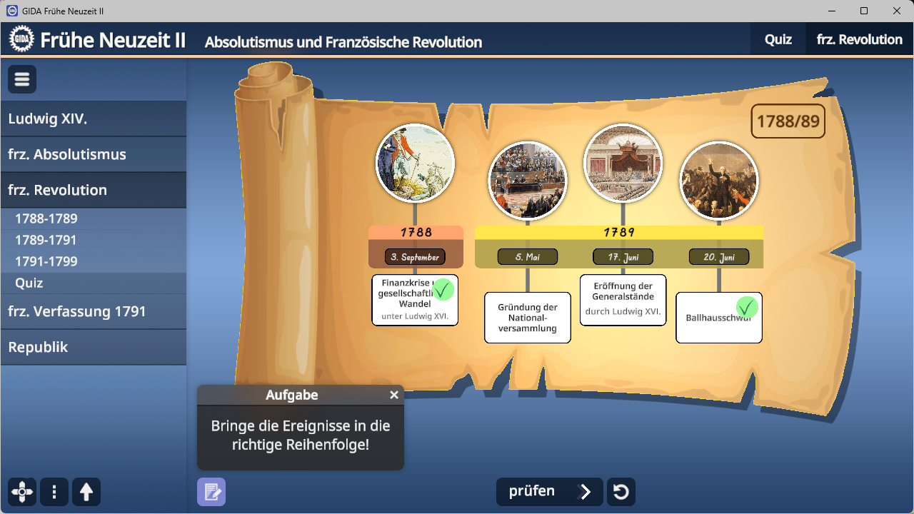 Digitale Lernplattform mit einer Zeitleiste zur Französischen Revolution von 1788 bis 1789 auf einer Pergamentrolle und einem Menü mit Themen wie Ludwig XIV., frz. Absolutismus, frz. Revolution und Quiz