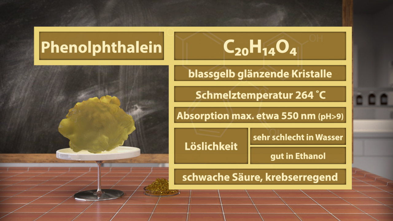 Chemische Informationen über Phenolphthalein: Strukturformel, Eigenschaften, Löslichkeit und Gefahrenhinweise.