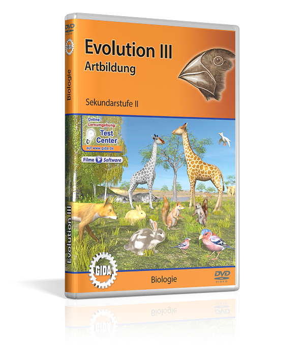 DVD-Cover mit dem Titel 'Evolution Drei' für Sekundarstufe 2. Es zeigt verschiedene Tiere wie Giraffen und Vögel.