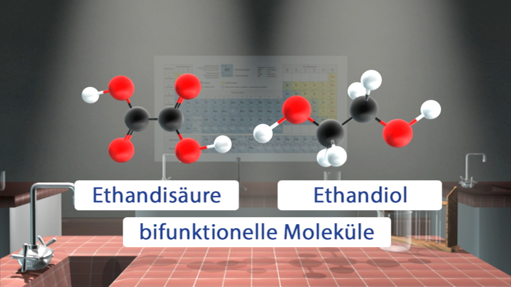 Zwei Moleküle im Labor: Ethansäure (links) und Ethandiol (rechts) mit Beschriftungen.
