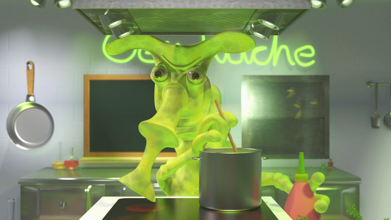 Ein grüner, cartoonartiger Tintenfisch steht in einer Küche und rührt in einem Topf.