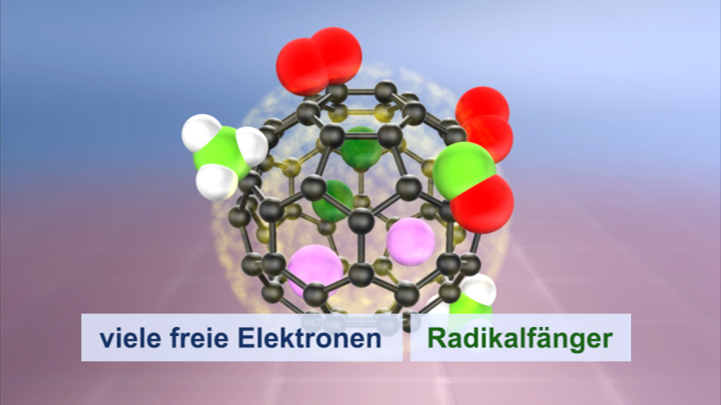 Molekülstruktur mit vielen freien Elektronen und Radikalfängern, dargestellt in verschiedenen Farben.