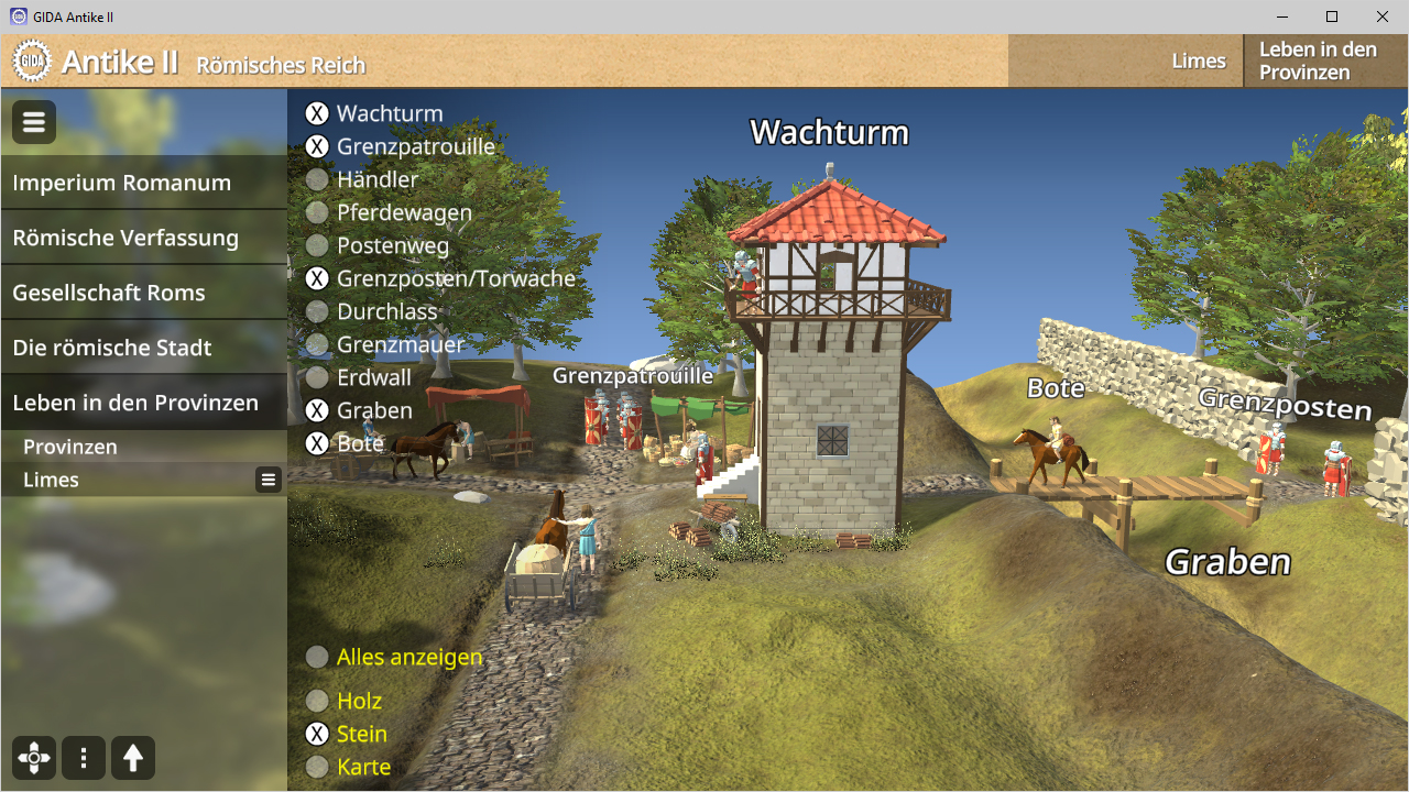 3D-Darstellung eines Wachturms im Römischen Reich mit Soldaten und Pferden in einer Provinzszene.