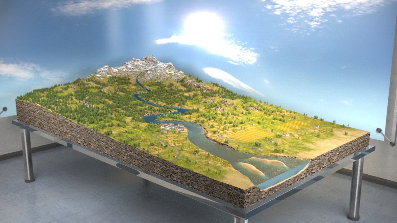 Detailreiche 3D-Landschaftsmodell mit Bergen, Flüssen und Wäldern unter einem sonnigen Himmel.