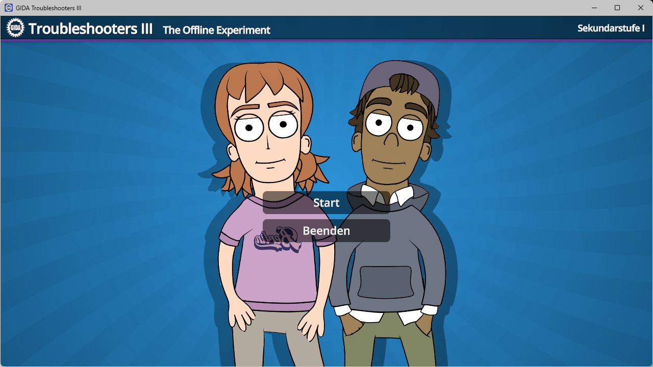 Menü der Software "Troubleshooters III – The Offline Experiment".