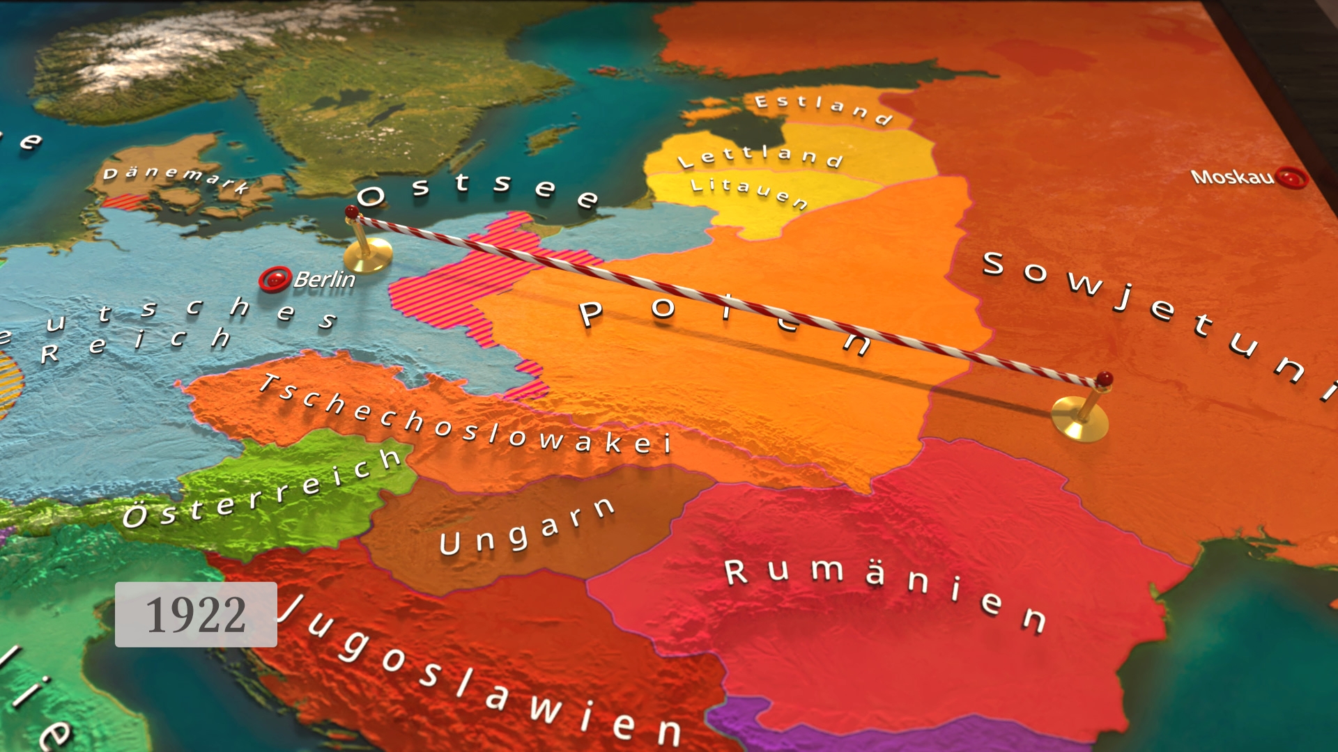 Karte von Europa im Jahr 1922 mit hervorgehobenen Ländern, darunter Deutschland, Polen und die Sowjetunion.