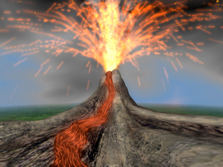 Ein aktiver Vulkan spuckt Lava und Asche in die Luft, mit glühenden Lavaflüssen, die den Hang hinunterfließen.