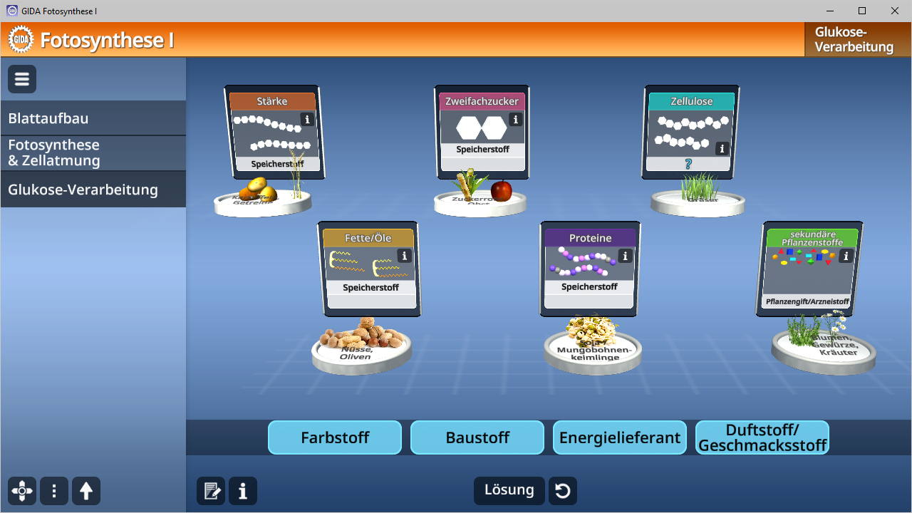 Infografik zur Fotosynthese mit verschiedenen Nährstoffen: Stärke, Zweifachzucker, Zellulose, Fette, Proteine, Farbstoffe, Baustoffe, Energielieferanten und Geschmacksstoffe.
