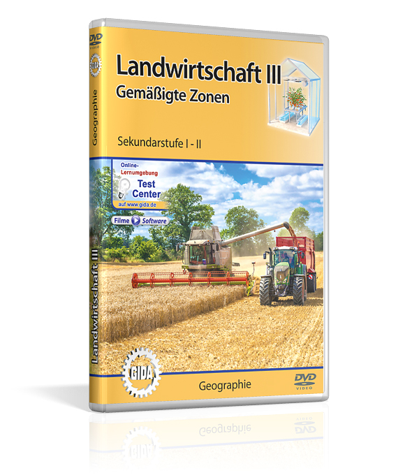 DVD-Cover für 'Landwirtschaft III: Gemäßigte Zonen', zeigt landwirtschaftliche Maschinen auf einem Feld.