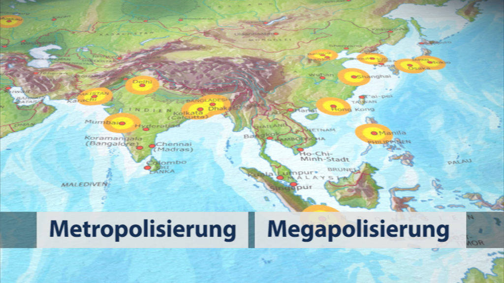 Karte von Asien mit hervorgehobenen Städten und den Begriffen 'Metropoliserung' und 'Megapoliserung'.