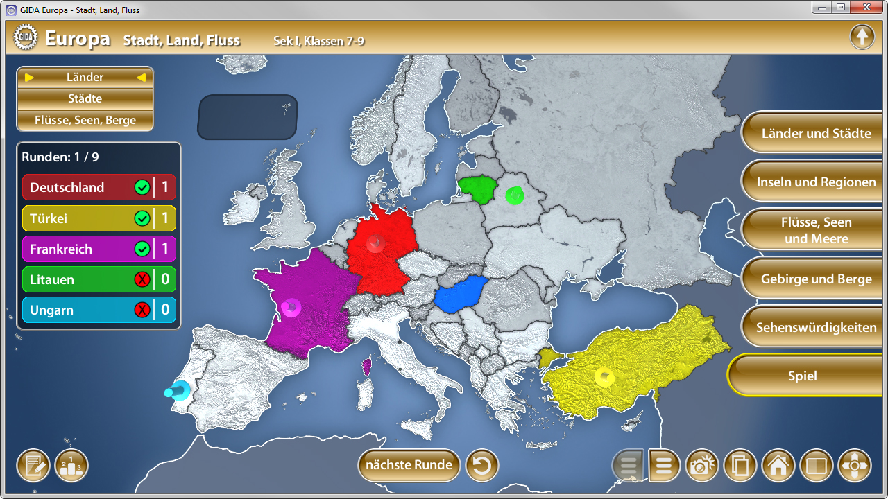 Interaktive Karte von Europa mit Ländern und Flüssen, farblich markiert für Deutschland, Italien, Frankreich, Ungarn und andere.