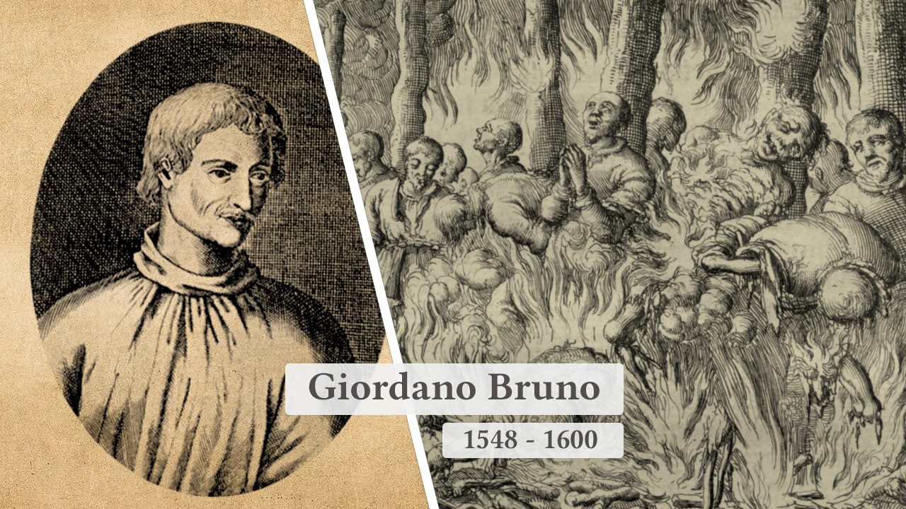 Porträt von Giordano Bruno, 1548-1600, neben einer Darstellung seiner Verbrennung.