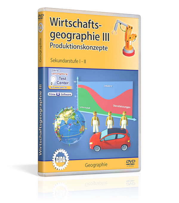 DVD-Cover für 'Wirtschaftsgeographie III: Produktionskonzepte', zeigt Diagramme und Illustrationen zu Industrie und Dienstleistungen.