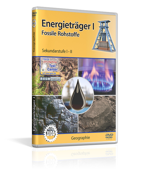 Energieträger I - Fossile Rohstoffe DVD-Cover für 'Energieträger I: Fossile Rohstoffe' mit einem Bild von einem Bohrturm, einem Tropfen Öl und Erdboden.