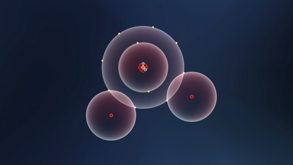 Darstellung von Atomen mit Protonen, Neutronen und Elektronen in verschiedenen Orbitalen.
