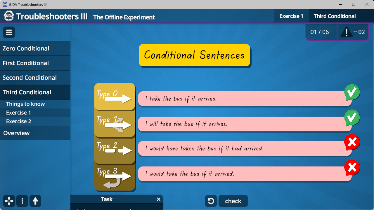 Screenshot einer Lernsoftware zu englischen Bedingungssätzen mit markierten richtigen und falschen Beispielen im Third Conditional.