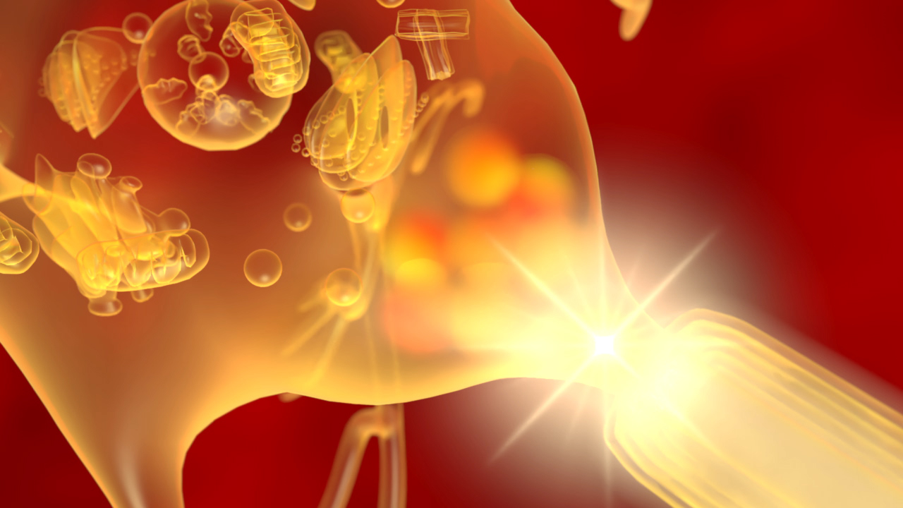 Abstrakte Darstellung von Molekülen und Blasen in einem leuchtenden, goldenen Farbton.