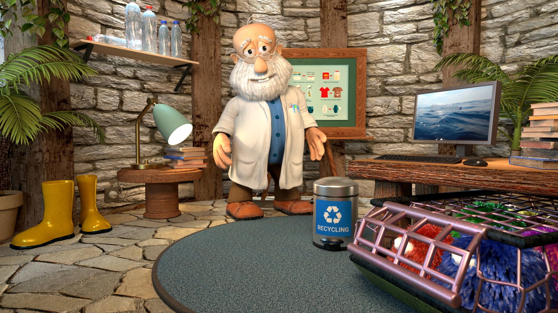 3D-animierte Figur eines älteren Mannes mit weißem Bart und Laborkittel in einem steinernen Raum mit Recyclingbehälter, Monitor, Pflanzen und gelben Gummistiefeln