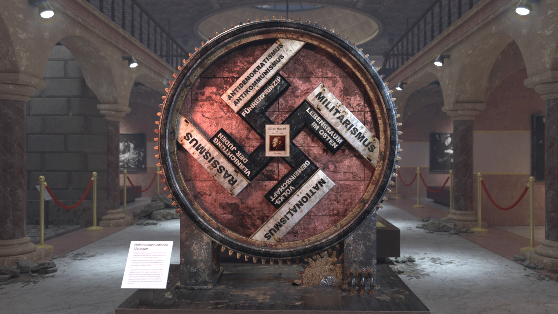 Ein großes, runder Mechanismus mit verschiedenen Beschriftungen wie 'Militärverwaltung' und 'Faschismus', in einem historischen Ausstellungsraum.