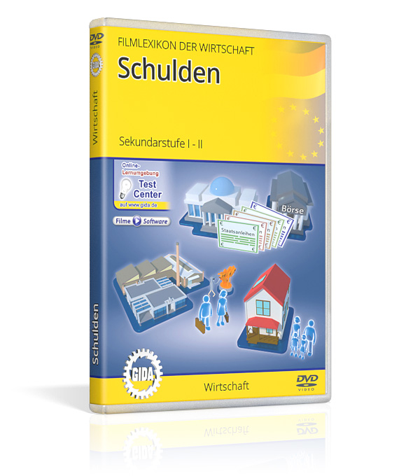 DVD-Cover mit dem Titel 'Schulden' aus der Reihe 'Filmlexikon der Wirtschaft', für Sekundarstufe eins-zwei, zeigt Grafiken zur Börse.