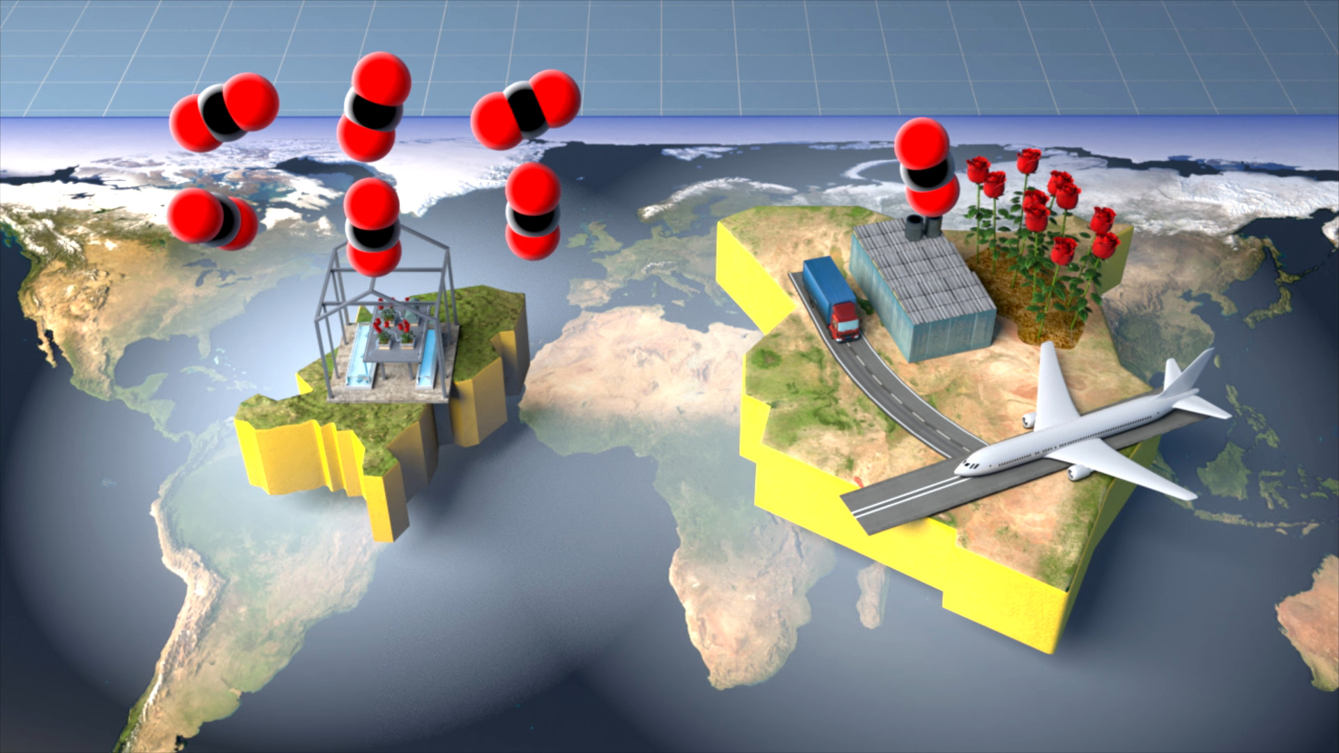 Weltkarte mit chemischen Molekülen, die auf zwei Kontinenten verteilt sind; links eine Fabrik und rechts ein Transportmittel.