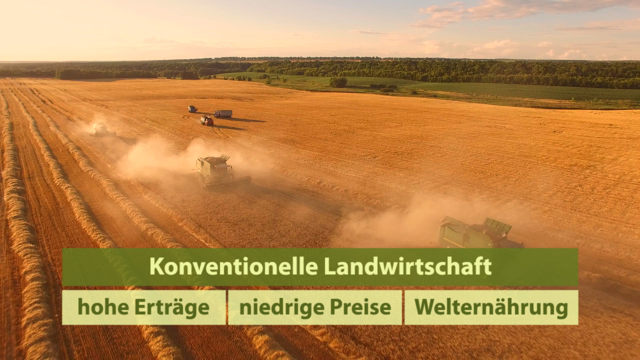 Luftaufnahme von landwirtschaftlichen Maschinen, die in einem Weizenfeld arbeiten, mit Text über konventionelle Landwirtschaft.