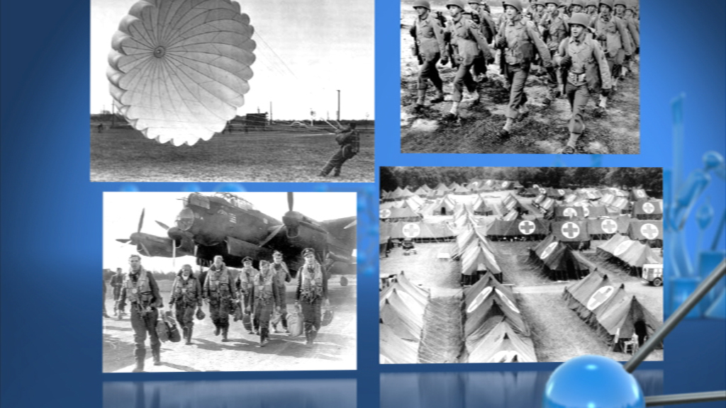 Historische Fotos: Fallschirmspringer mit Fallschirm, Soldaten im Marsch, Bomberflugzeug, Zeltlager mit Rotem Kreuz.