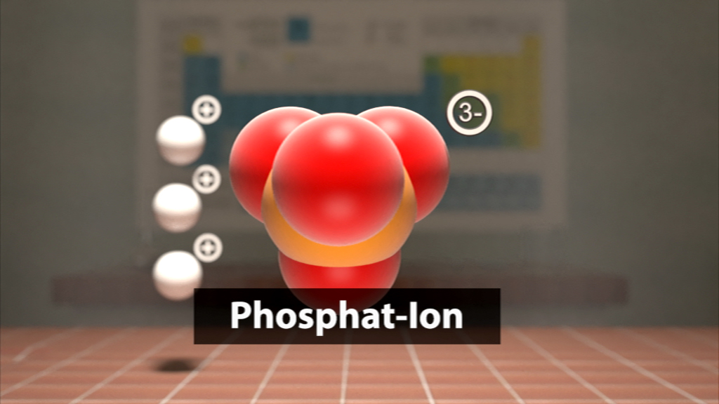 3D-Darstellung eines Phosphat-Ions mit roten und weißen Kugeln, die Atome darstellen.