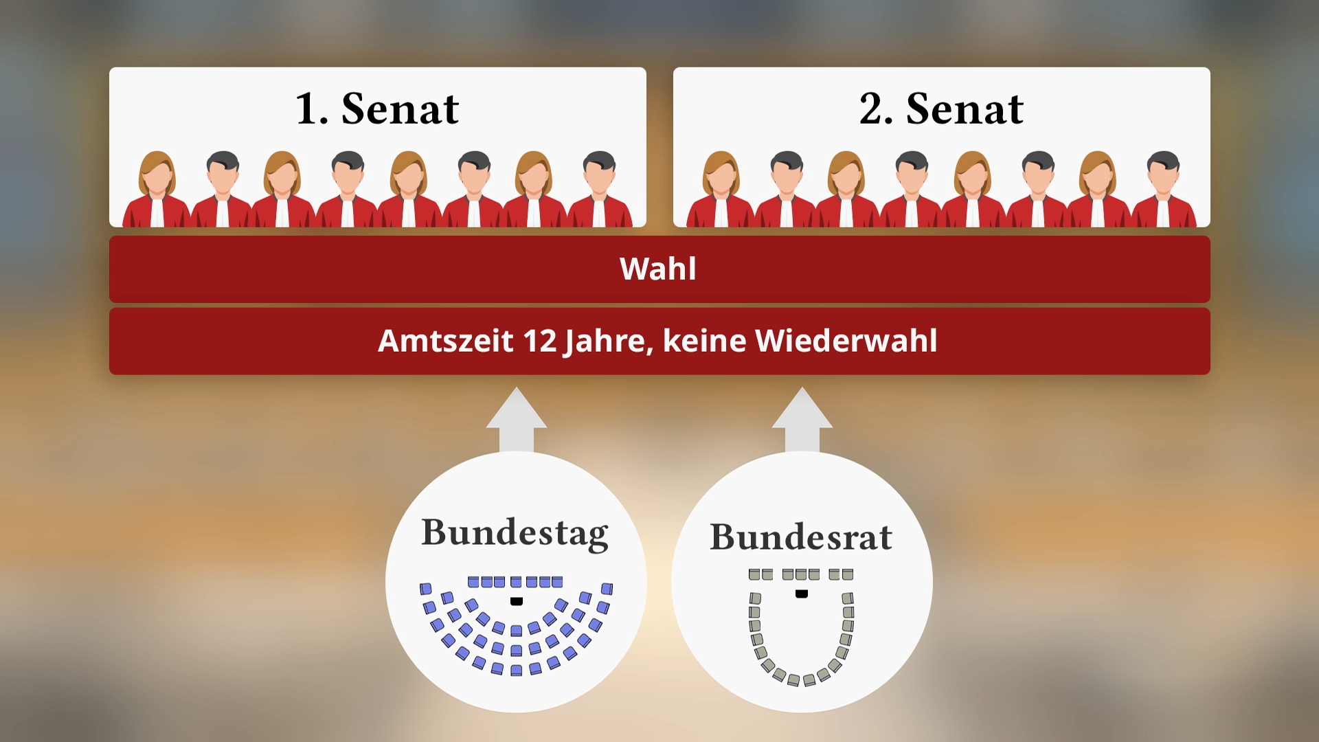 Diagramm zur Struktur des deutschen Parlaments mit Informationen zu den Senaten, Wahl und Amtszeit.