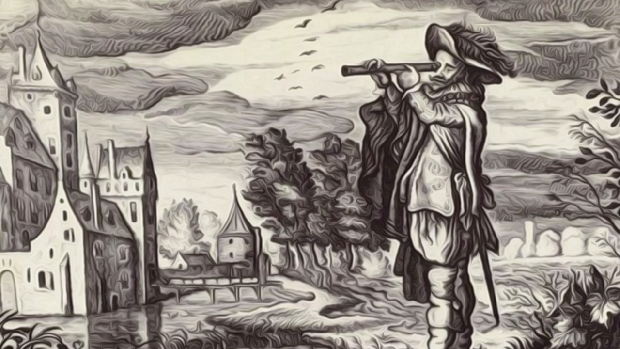 Ein historischer Mann in einem Hut spielt auf einer Flöte, während er auf eine Landschaft mit Gebäuden und Bäumen blickt.