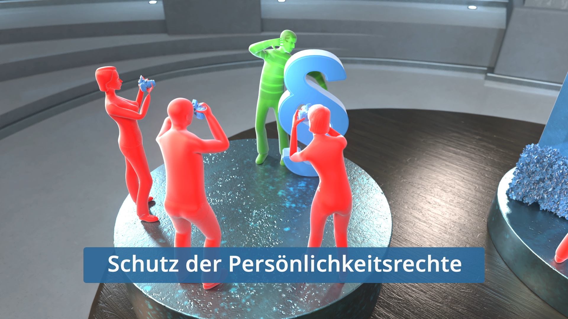 Drei rote Figuren fotografieren eine grüne Figur, die neben einem großen blauen Paragraphenzeichen steht, Text 'Schutz der Persönlichkeitsrechte'.