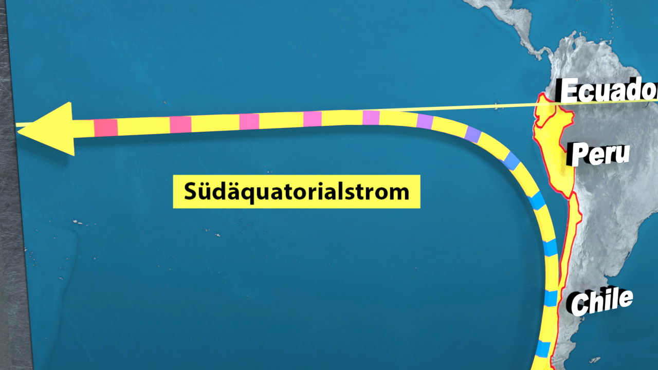 Karte des Südaquatorialstroms, der von Ecuador über Peru nach Chile verläuft.