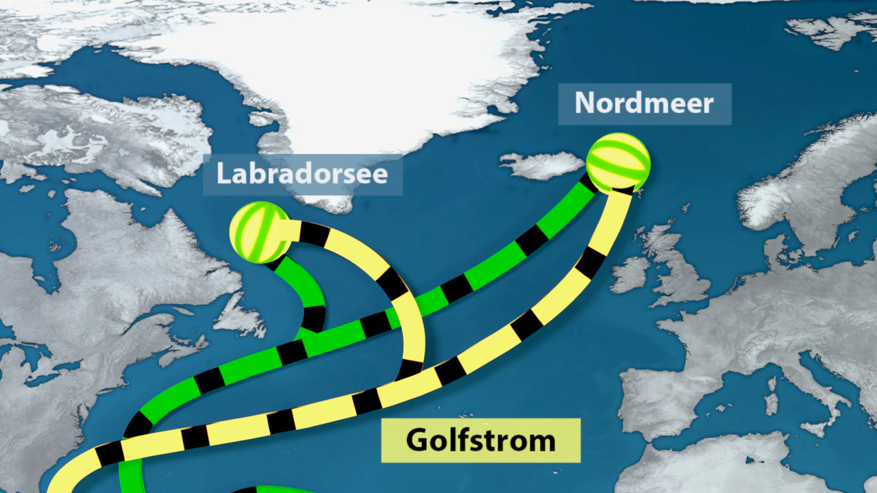 Karte des Golfstroms mit markierten Punkten im Labradorsee und Nordmeer.