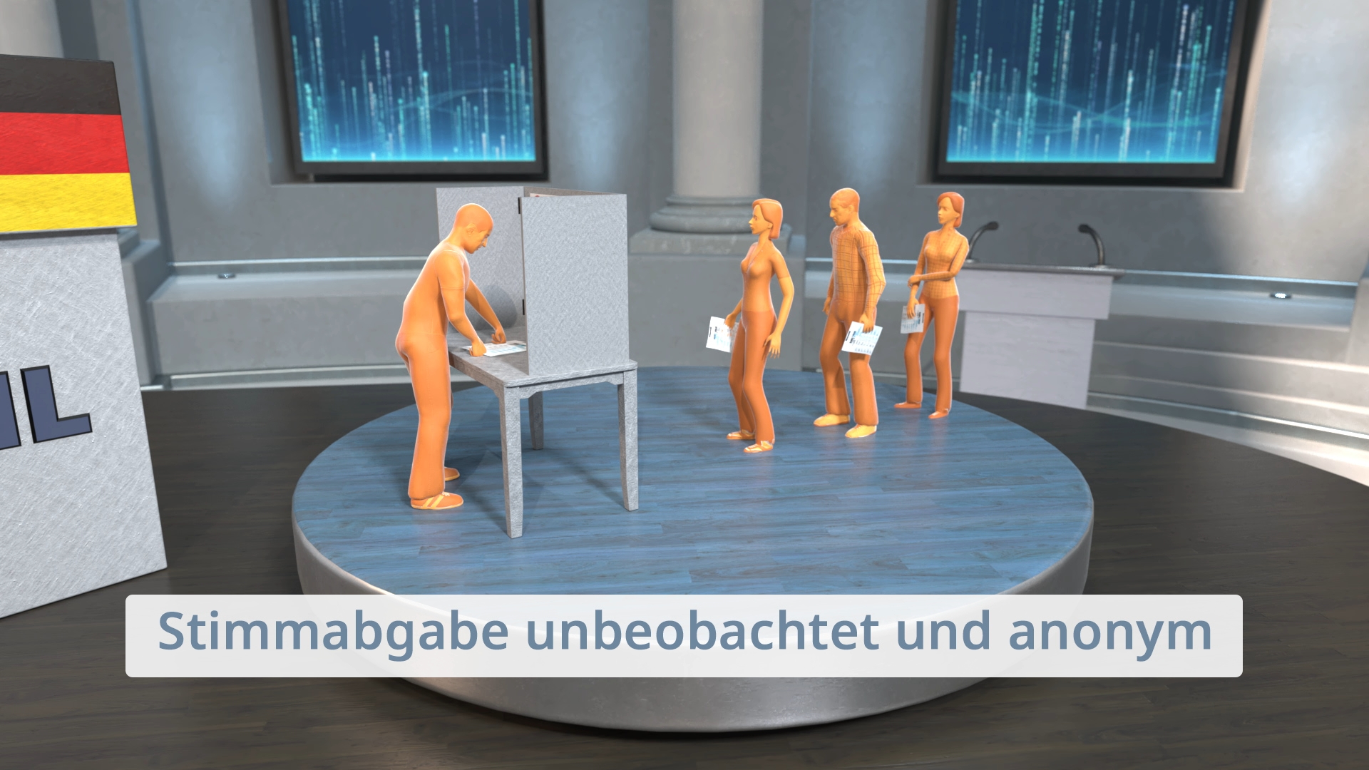 Animation von Wählern, die anonym an einer Wahlurne abstimmen.