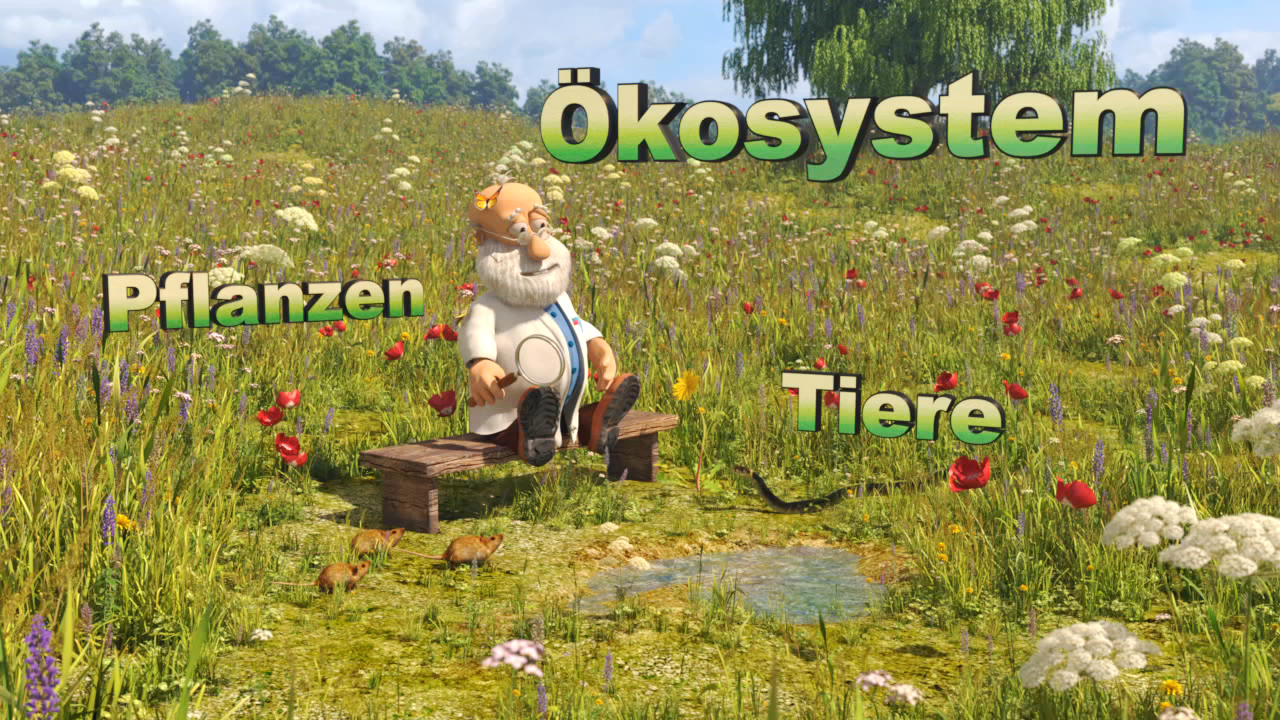 Ein älterer Mann sitzt auf einer Bank in einer blühenden Wiese, umgeben von Pflanzen und Tieren. Text: 'Ökosystem', 'Pflanzen', 'Tiere'.