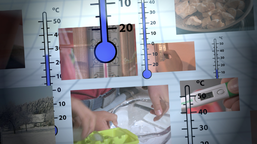 Infografik mit Thermometern, die verschiedene Temperaturen anzeigen, und Bildern von Lebensmitteln und Messgeräten.