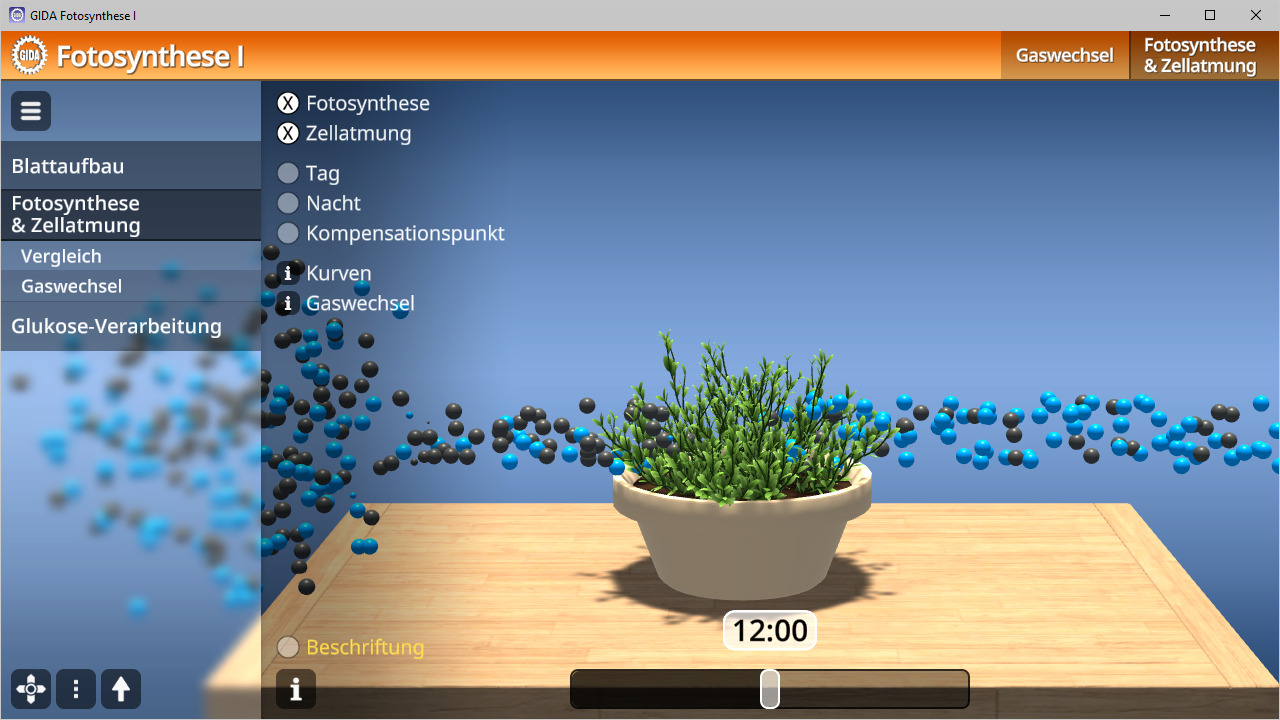 Interaktive Darstellung der Fotosynthese mit einer Pflanze in einem Topf, umgeben von Molekülen und verschiedenen Menüpunkten.