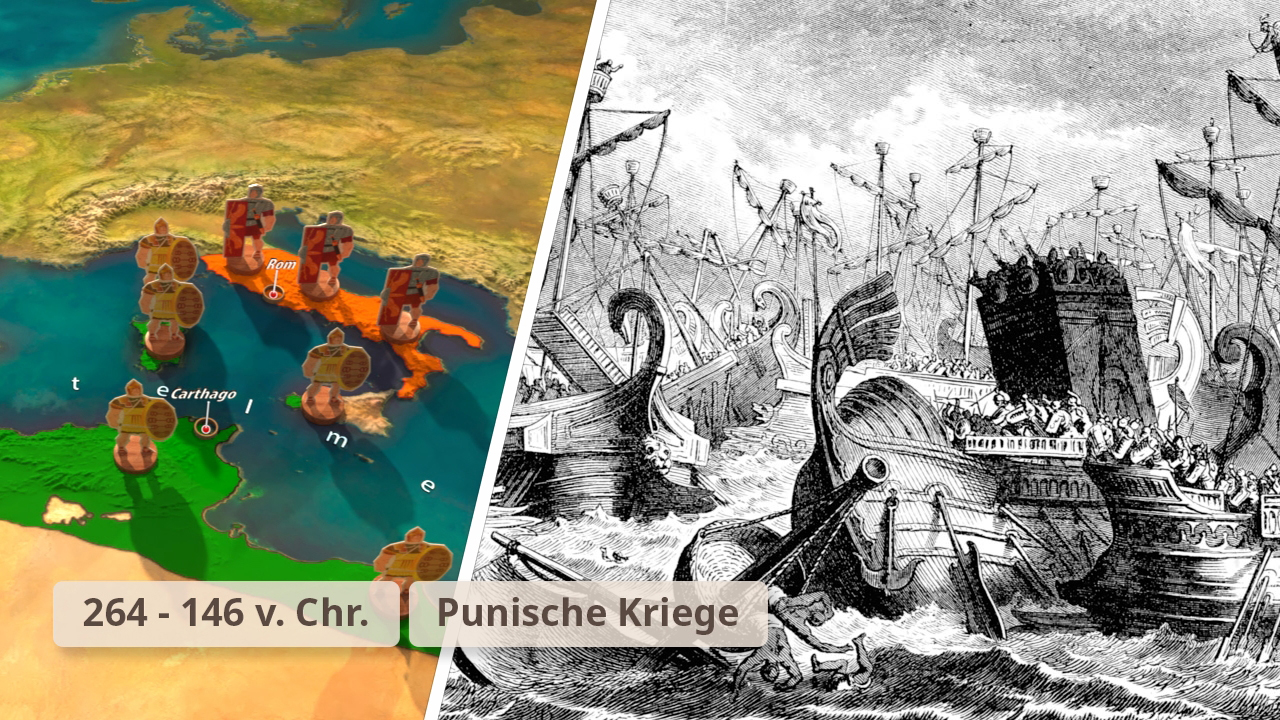 Karte der punischen Kriege mit Schiffsillustrationen und dem Jahr 264 - 146 v. Chr.