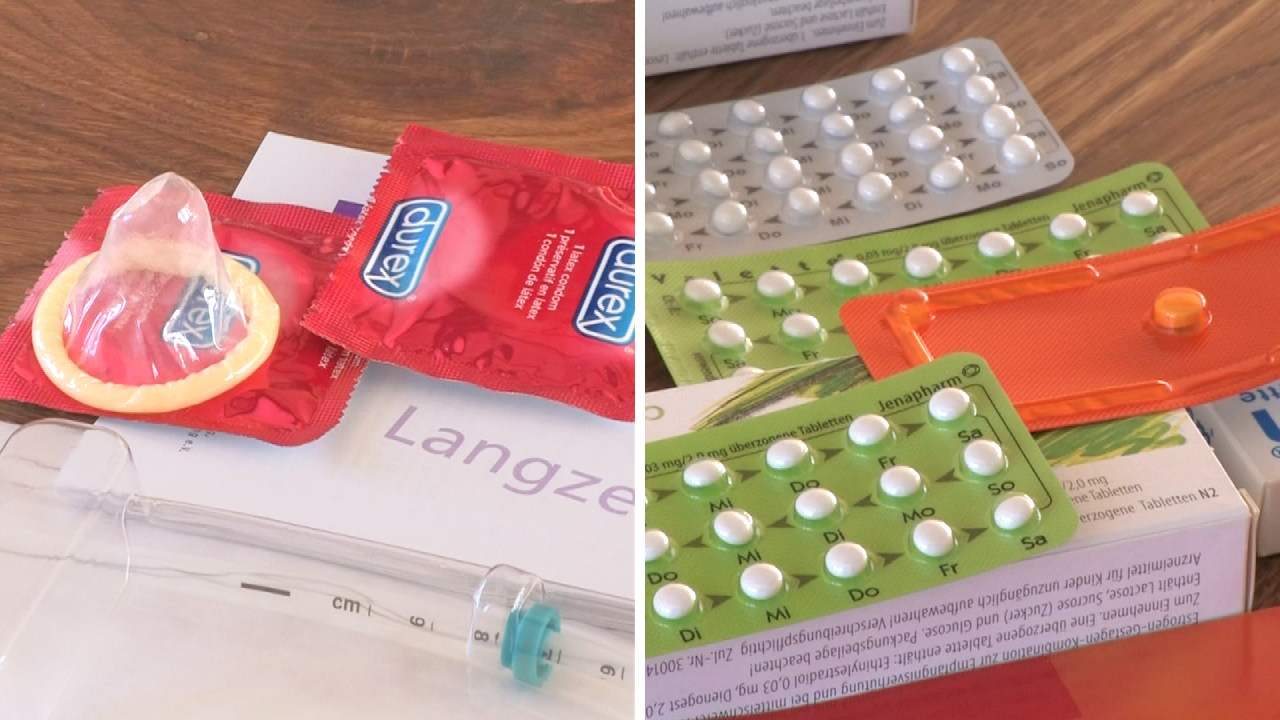 Verhütungsmittel: Rote Kondome von Durex und eine Packung Antibabypillen in grüner Verpackung.
