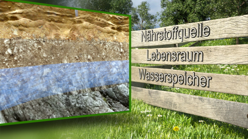 Grafik zeigt verschiedene Erdschichten mit Beschriftungen: 'Nährstoffquelle', 'Lebensraum', 'Wasserspeicher'.